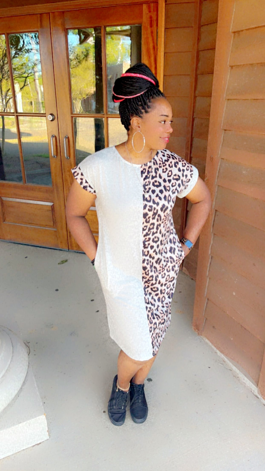 Leopard Color Block Pocket T-Shirt Dress